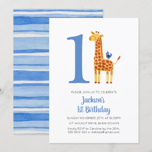 1st Birthday Giraffe & Bird Striped Party Invitation