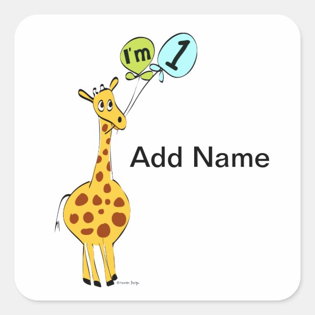 1st Birthday Giraffe with Balloons Square Sticker (Front)