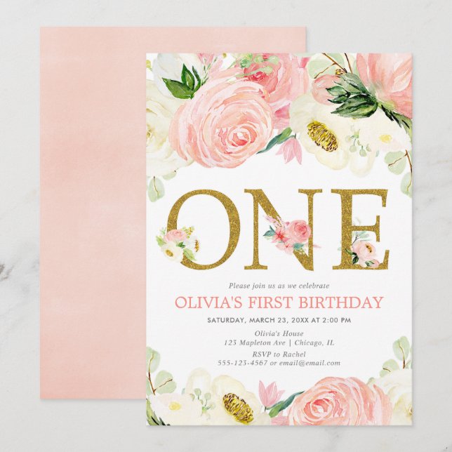 1st birthday girl, blush pink gold floral elegant invitation (Front/Back)