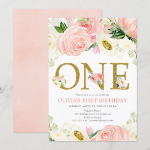 1st birthday girl, blush pink gold floral elegant invitation