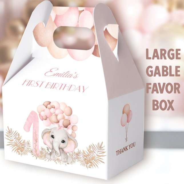 1st Birthday Girl Elephant Pink Balloons Large Favour Box (Pink Elephant Large Gable Favor Boxes - You can choose from 3 sizes of these gable favor boxes)