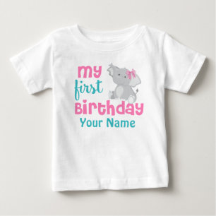 1st Birthday Girl Elephant Pink Personalised Baby T-Shirt