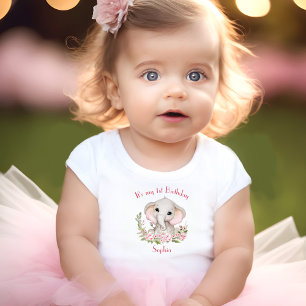 1st Birthday Girl Elephant Pink Personalised Name Baby T-Shirt