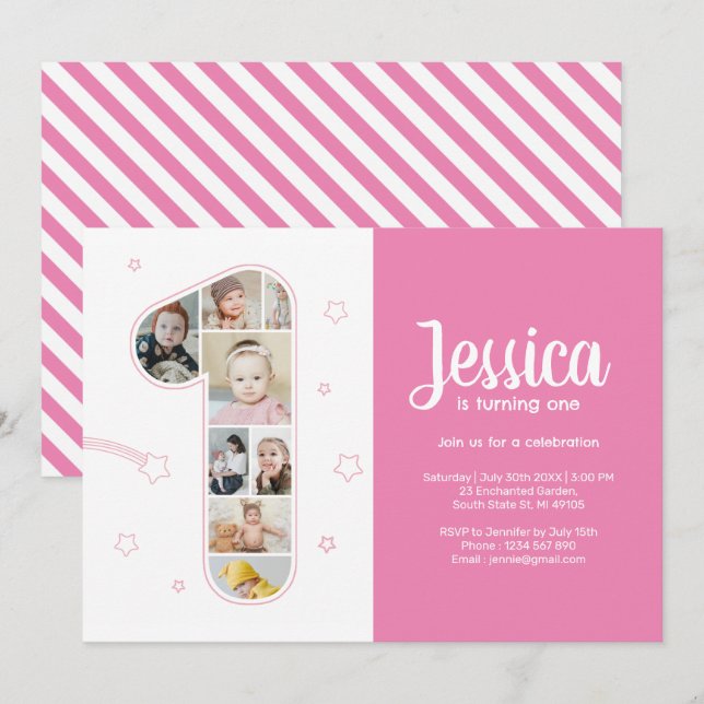 1st Birthday Girl Number 1 Custom Photo Collage Invitation (Front/Back)
