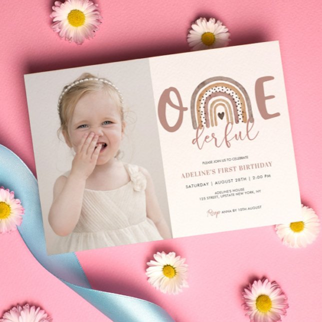 1st Birthday Girl Onederful Cute Photo party Invitation (Onederful cute birthday party template 1st Birthday Girl Boho Rainbow Watercolor)