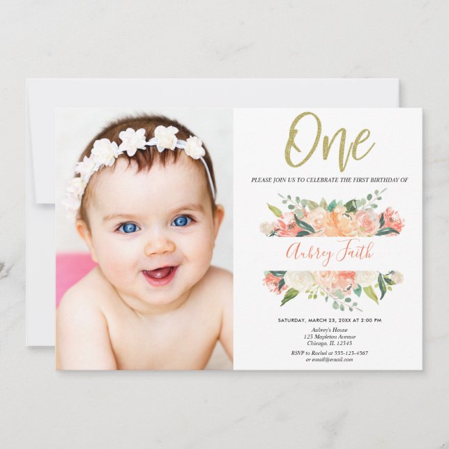 1st birthday girl peach gold glitter floral photo invitation (Front)