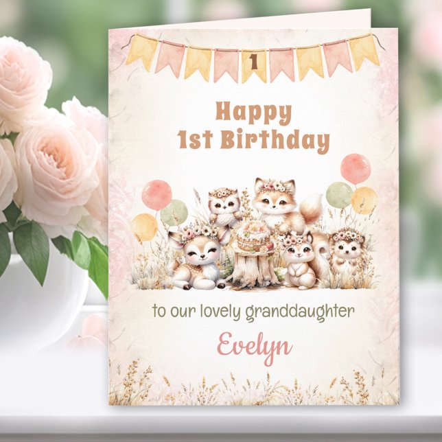 1st Birthday Girl Pink Boho Woodland Animals Card (1st Birthday Girl Pink Woodland Animals Card)