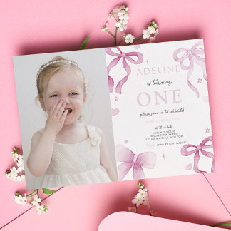 1st Birthday Girl Pink Bow Fancy One Cute Photo  Invitation