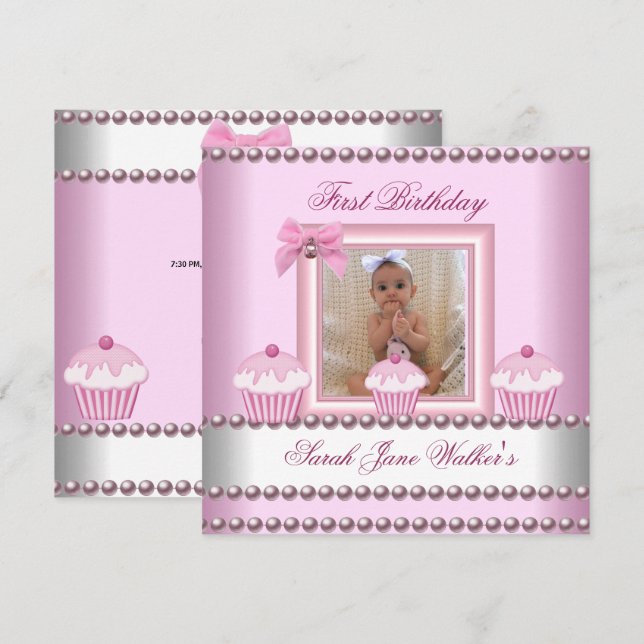 1st Birthday Girl Pink Cupcakes White Pearl Baby Invitation (Front/Back)