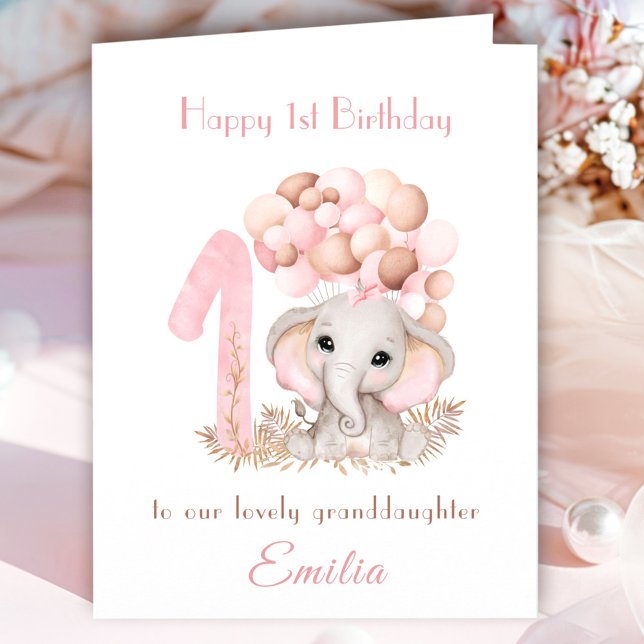 1st Birthday Girl Pink Cute Elephant Balloons Card (1st Birthday Girl Pink Cute Elephant Balloons Card)
