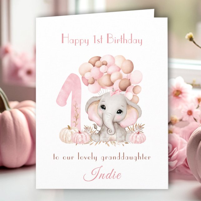 1st Birthday Girl Pink Elephant Fall Pumpkin Card (1st Birthday Girl Pink Elephant Fall Pumpkin Card)