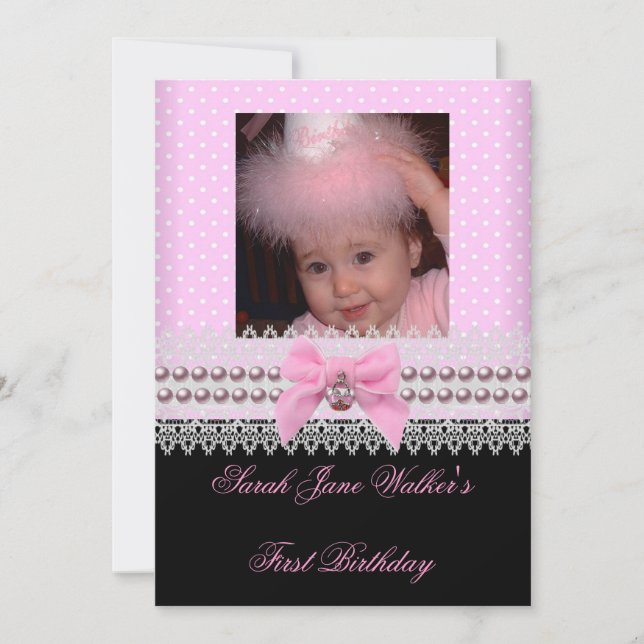 1st Birthday Girl Pink White Pearl Photo First 2 Invitation (Front)