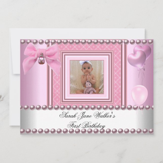 1st Birthday Girl Pink White Pearl Photo First Invitation (Front)
