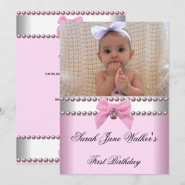 1st Birthday Girl Pink White Pearl Photo First Invitation (Front/Back)