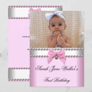 1st Birthday Girl Pink White Pearl Photo First Invitation