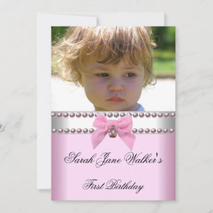 1st Birthday Girl Pink White Pearl Photo First Invitation