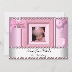 1st Birthday Girl Pink White Pearl Photo First Invitation