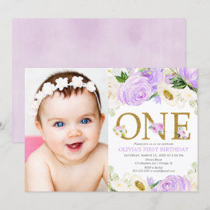 1st birthday girl, purple gold floral photo invitation