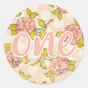 1st Birthday Girl Shabby Chic Roses Cottage Floral Classic Round Sticker