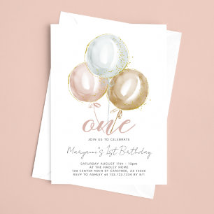 1st Birthday Girl Watercolor Balloons Invitation