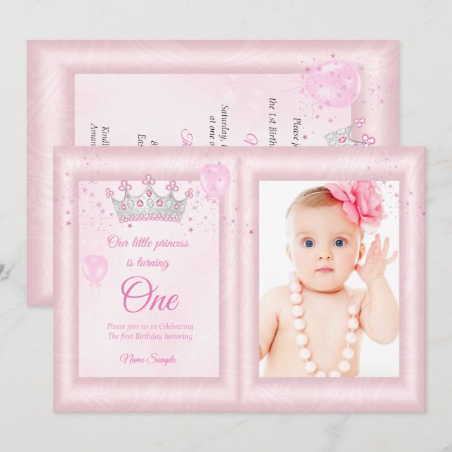 1st Birthday girls Balloons Pink Photo Invitation (Front/Back)