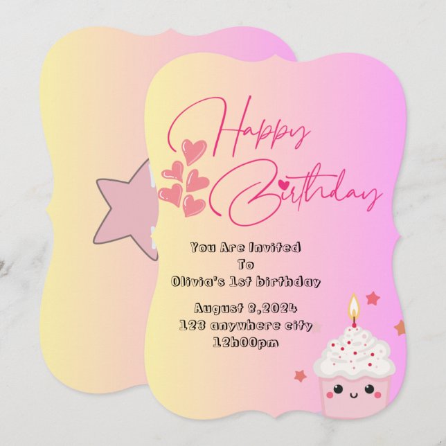 1st birthday girls invitation in pink  (Front/Back)