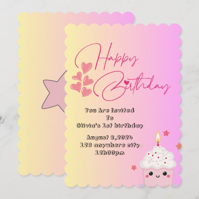 1st birthday girls invitation in pink  (Front/Back)