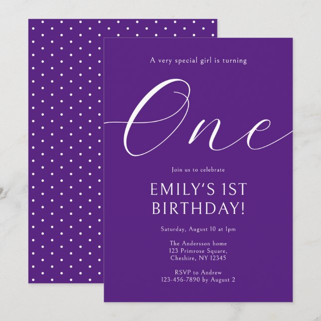 1st Birthday Girl's Purple Simple One Year Old  Invitation (Front/Back)