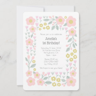 1st Birthday Girly Flowers Pink and Gold Pattern Invitation