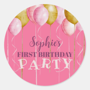 1st Birthday Girly Pink & Gold Balloon Birthday  Classic Round Sticker