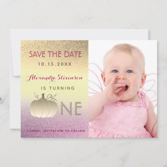 1st Birthday Glitter Ombre Pink Gold Pumpkin Photo Save The Date (Front)