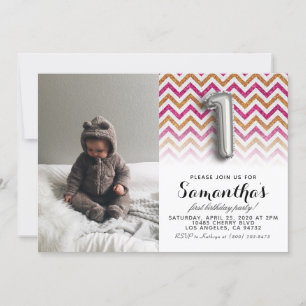 1st Birthday Glitter Portrait Invitation