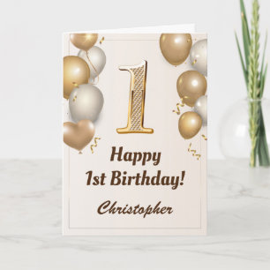 1st Birthday Gold Balloons and Confetti Birthday Card