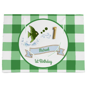 1st Birthday Gold Foil Balloon Green Gingham Fish Large Gift Bag