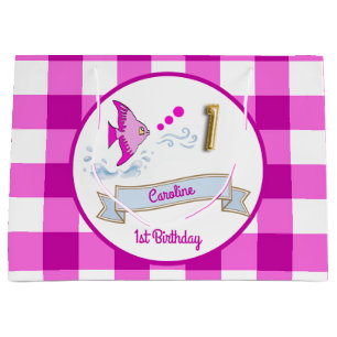1st Birthday Gold Foil Balloon Pink Gingham Fish Large Gift Bag