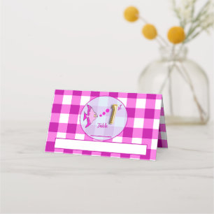 1st Birthday Gold Foil Balloon Pink Gingham Fish  Place Card