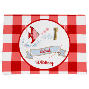1st Birthday Gold Foil Balloon Red Gingham Fish Large Gift Bag