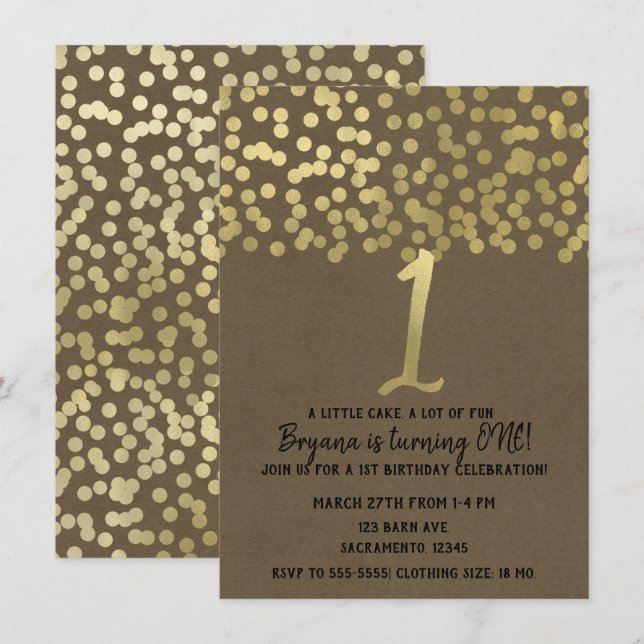 1st Birthday Gold Foil Modern Chic Rustic Kraft Invitation (Front/Back)