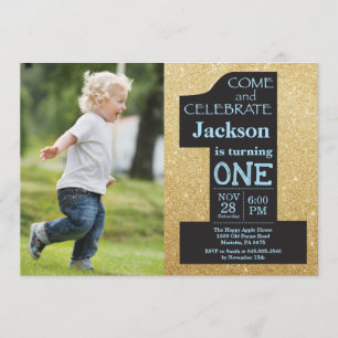 1st Birthday Gold Glitter and Blue Photo Invitation
