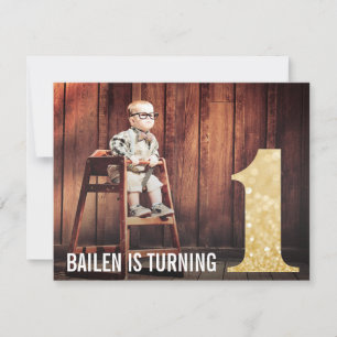 1st Birthday Gold Glitter One Photo Invitation