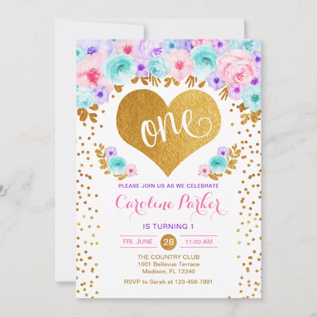 1st Birthday - Gold Heart Teal Purple Pink Invitation (Front)