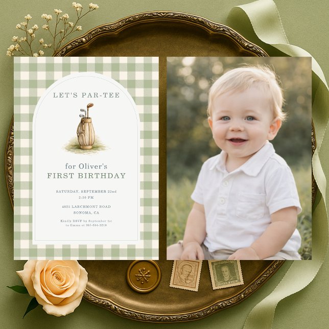 1st Birthday Golf Par-Tee Gingham Photo Invitation (Creator Uploaded)