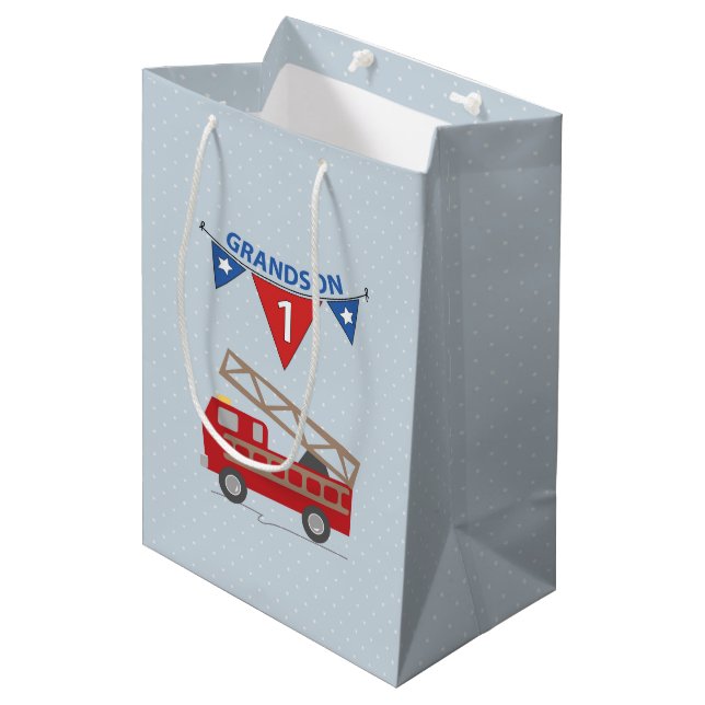 1st Birthday Grandson, Firetruck Medium Gift Bag (Front Angled)