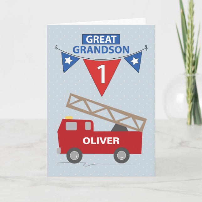 1st Birthday Great Grandson Custom Name Firetruck Card (Front)