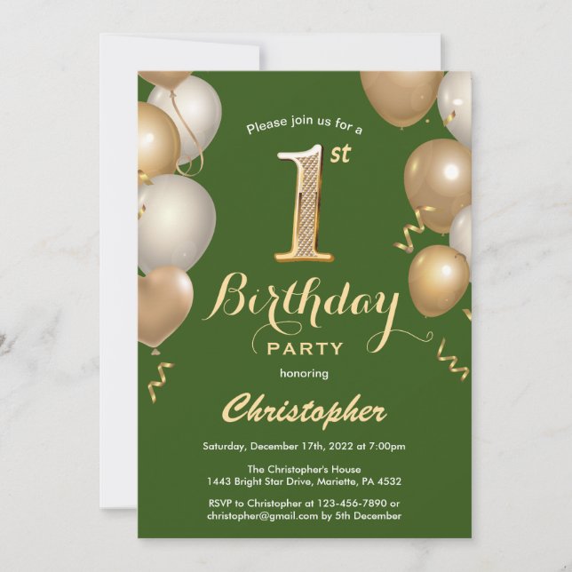 1st Birthday Green and Gold Balloons Confetti Invitation (Front)