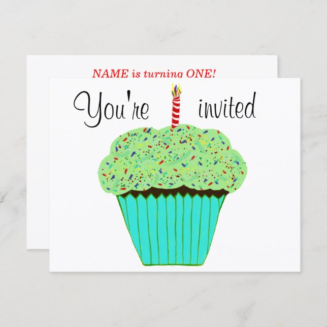 1st Birthday Green Cupcake Invitation CUSTOMIZE (Front/Back)