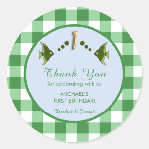 1st Birthday Green Gingham Fish Thank You Classic Round Sticker