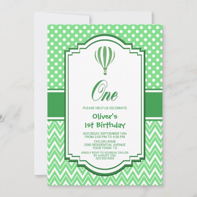 1st Birthday Green Hot Air Balloon Party Invitation (Front)