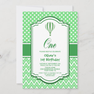1st Birthday Green Hot Air Balloon Party Invitation
