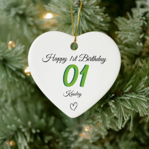 1st Birthday green Shadow Monogram heart baby Ceramic Tree Decoration